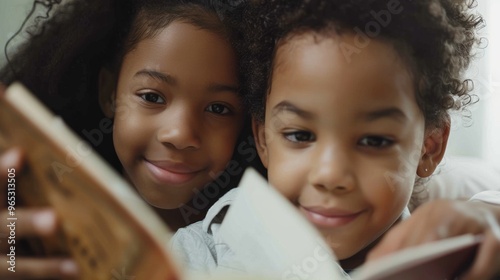 Sisters are happily reading a bedtime story before going to sleep.