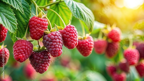 Close Up of a branch of ripe red raspberries in a garden, fruit, fresh, harvest, natural, healthy, juicy, farming, vibrant, agriculture, plant,branch, agriculture, berry, red, ripe