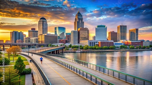 A high angle stock photo capturing the majestic Louisville Kentucky skyline with a bustling pedestrian walkway in the foreground, Ohio River, modern, scenic, skyline, downtown, Kentucky