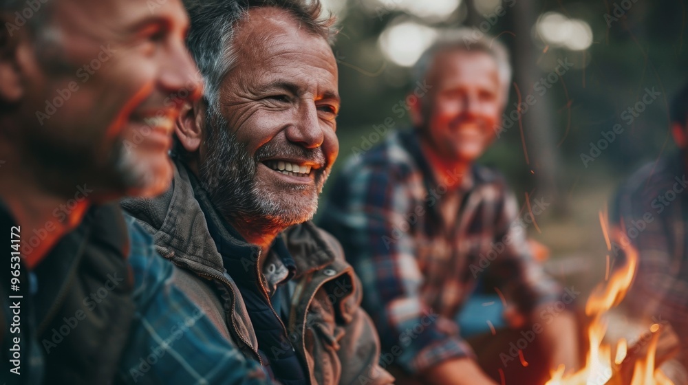 Positive energy radiates from a group of middle-aged friends as they enjoy an autumn campfire.