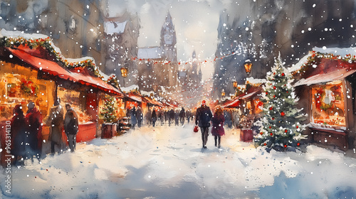 watercolor painting from a christmas market