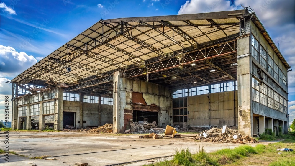 Fototapeta premium automotive equipment, ruined building, ruined, abandoned, Abandoned military base hangar with ruined building showcasing the wreckage of a large garage for automotive equipment