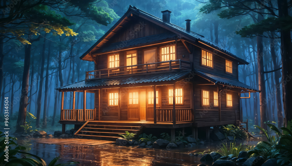 Wooden house in the dark and foggy night in the middle of the forest Wooden house in the dark and foggy night in the middle of the forest