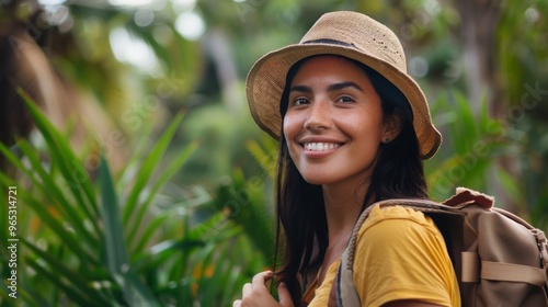 In the heart of a tropical jungle, a female explorer stands proudly, capturing the essence of adventure and natural beauty.