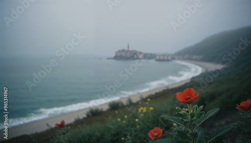 Fototapeta Naklejka Na Ścianę i Meble -  A view of beautiful flowers next to the sea pier in foggy weather