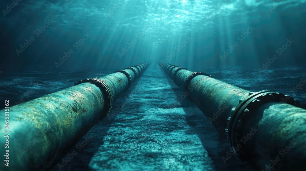 A close-up view of an oil pipeline stretching across the surface of the sea, emphasizing the vastness and complexity of underwater energy transport systems A close-up view of an oil pipeline stretching across the surface of the sea, emphasizing the vastness and complexity of underwater energy transport systems