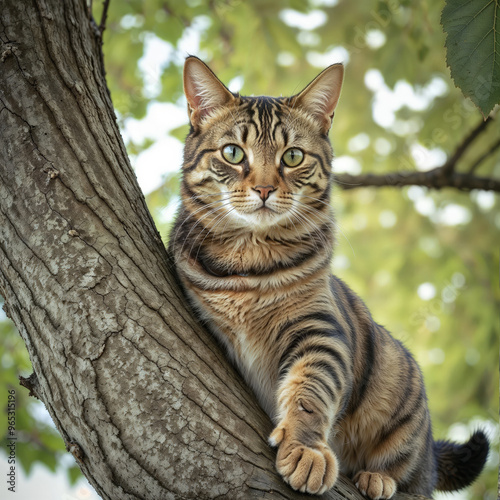 A cute and playful cat resting on a tree trunk