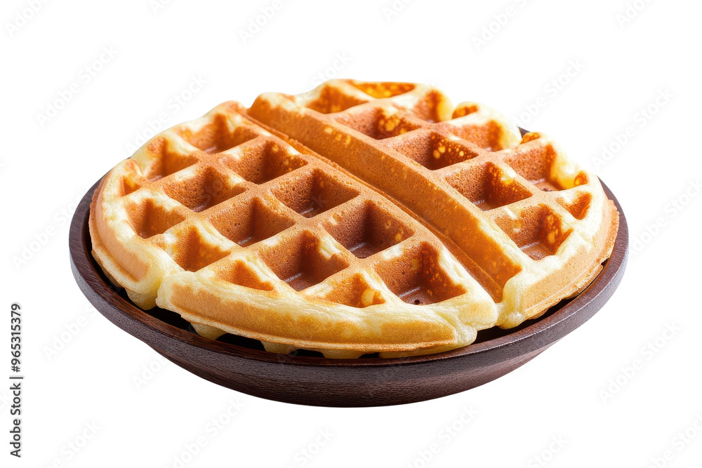 A delicious, golden-brown waffle served on a wooden plate, perfect for breakfast or a sweet treat any time of day.