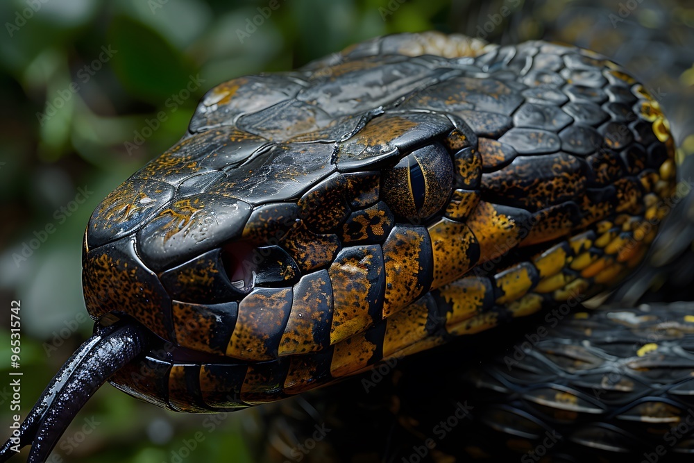A detailed view of a venomous snake with its forked tongue sticking out. A detailed view of a venomous snake with its forked tongue sticking out.