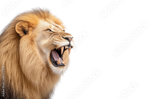 A majestic lion roaring fiercely in profile, showcasing its powerful presence and striking mane in a dramatic pose. photo