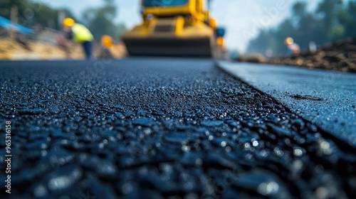 A detailed view of asphalt prepared for use on a road repair site, with construction machinery and workers visible in the distance, highlighting the preparation phase.