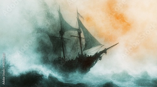 A historic ship navigating through turbulent waters, evoking adventure and resilience.