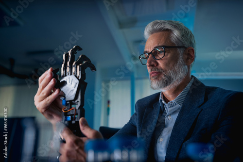 Robotics engineer adjusting, calibring robotic prosthetic hand. Concept of modern technology in medicine. Robotic prosthetics, biomechatronics and neuroscience. photo