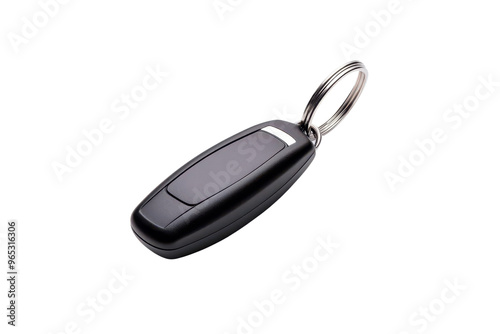 A sleek black car key fob with a shiny metal keyring, perfect for use in automotive or technology-related contexts.