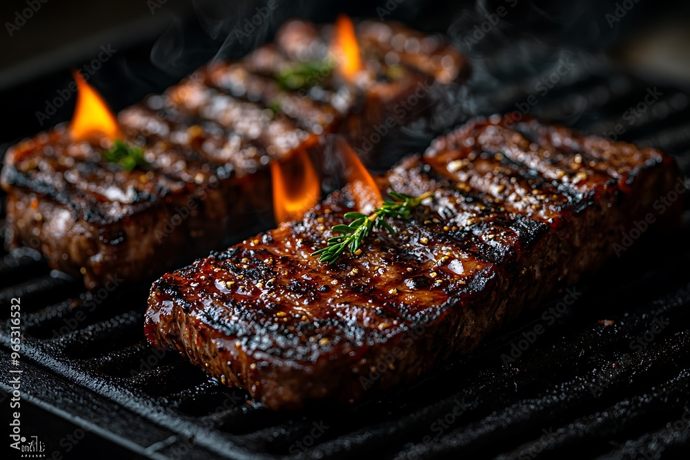 Three juicy, sizzling steaks on a hot grill with flames licking up the sides.