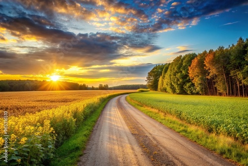 lush, nature, golden, A scenic road stretches near a lush forest on the edge of a golden soybean field while the sun sets over the expansive farmland creating a breathtaking panoramic view