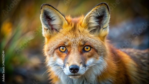 A curious, rusty-red fox with a bushy tail and piercing yellow eyes gazes directly at the camera, conveying