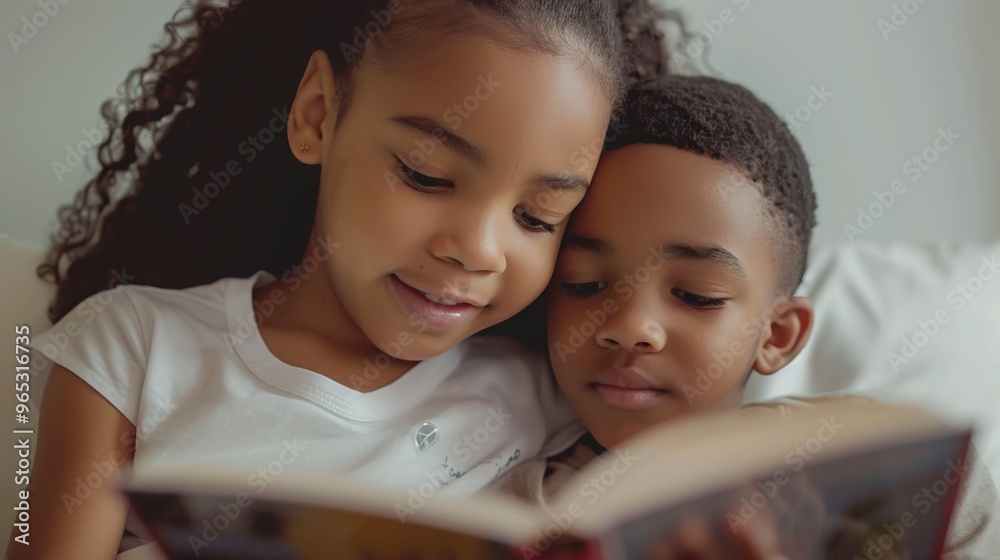 A sister and her younger brother are exploring a world of imagination through a book. A sister and her younger brother are exploring a world of imagination through a book.