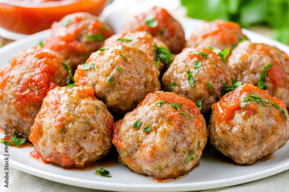 Juicy homemade meatballs topped with fresh parsley Juicy homemade meatballs topped with fresh parsley