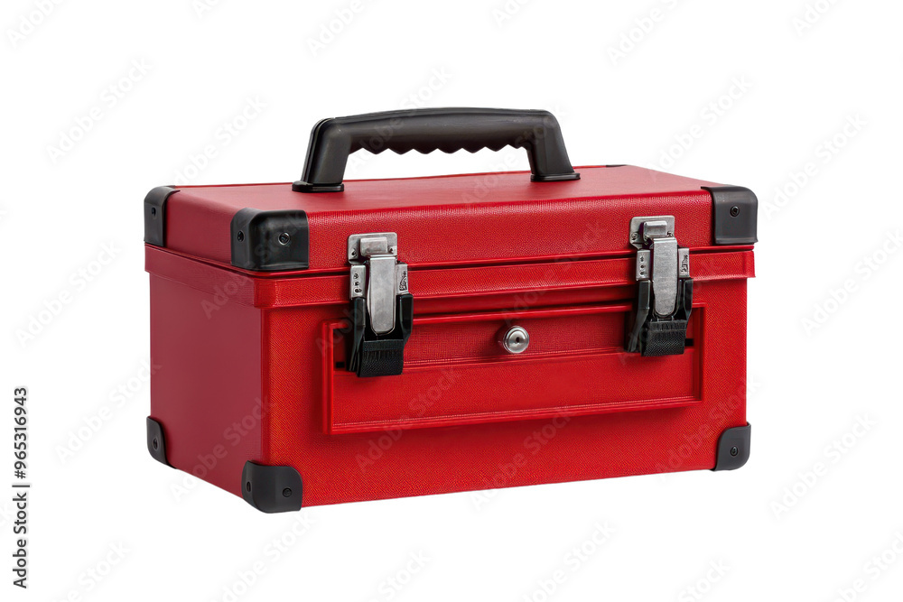 A vibrant red toolbox with a sturdy handle, perfect for organizing tools and equipment for various DIY projects. A vibrant red toolbox with a sturdy handle, perfect for organizing tools and equipment for various DIY projects.