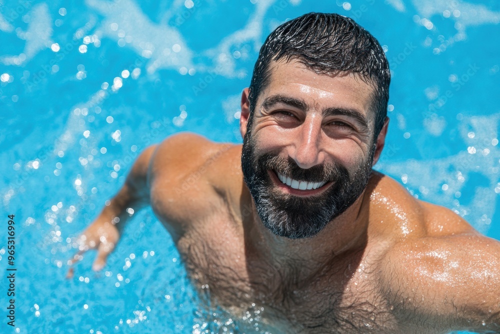 Joyful man swimming in sparkling blue pool on sunny day Joyful man swimming in sparkling blue pool on sunny day