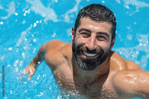 Joyful man swimming in sparkling blue pool on sunny day