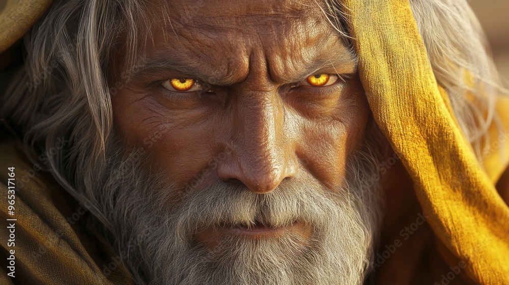Intense gaze of wise old man with striking amber eyes Intense gaze of wise old man with striking amber eyes