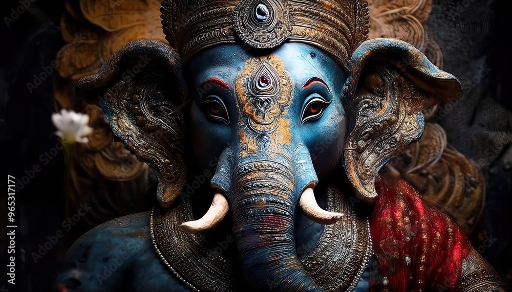 Fototapeta premium Ganapati's Divine Gaze Close-Up of Eye on Elephant-Headed Hindu God
