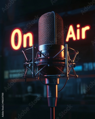 A close-up of a sleek, modern podcast microphone in a vibrant recording studio, with glowing On Air sign in the background, International Podcast Day