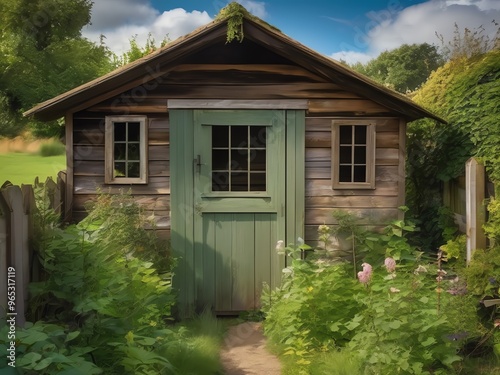 An illustration of an old weathered wooden shed in a secluded garden