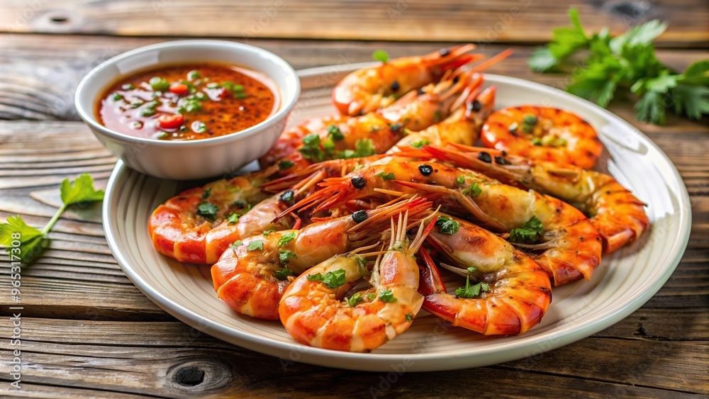 recipe, presentation, spicy, gourmet, plate, appetizer, grill, cuisine, culinary, seafood, Grilled shrimp served on a white plate accompanied by a fiery and flavorful spicy sauce recipe, presentation, spicy, gourmet, plate, appetizer, grill, cuisine, culinary, seafood, Grilled shrimp served on a white plate accompanied by a fiery and flavorful spicy sauce