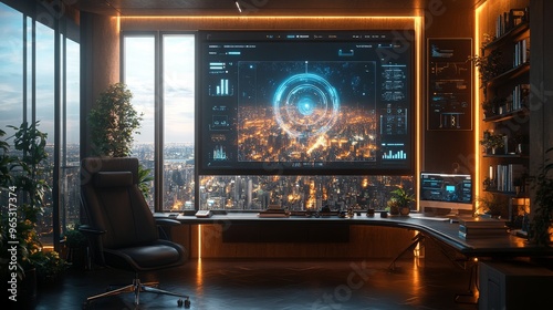 A modern smart home office featuring holographic time management technology during sunset