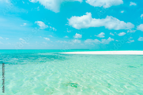 Fototapeta Naklejka Na Ścianę i Meble -  Nature landscape view of beautiful tropical beach and sea in sunny day. Beach sea space area. Summer vacation and summer holiday concept.