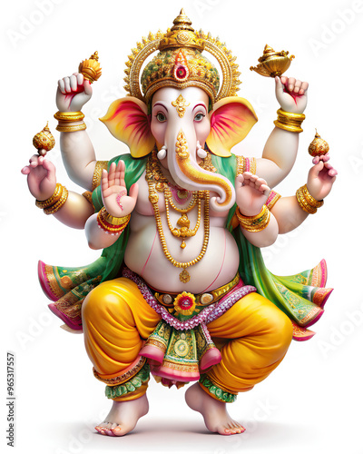 Happy Ganesh chaturthi. Lord Ganesh dancing. isolated on White background, Clipping path