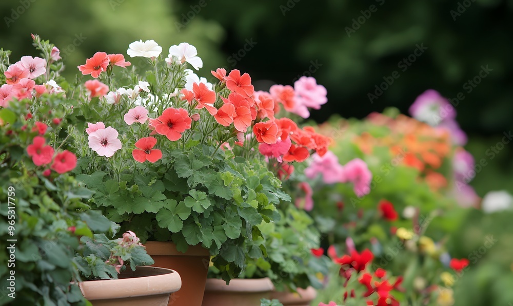Colorful geraniums and pelargoniums in a lush garden filled with vibrant flowers Colorful geraniums and pelargoniums in a lush garden filled with vibrant flowers