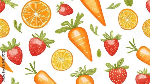  Seamless pattern featuring carrots, strawberries, tomatoes, and oranges in vibrant colors.