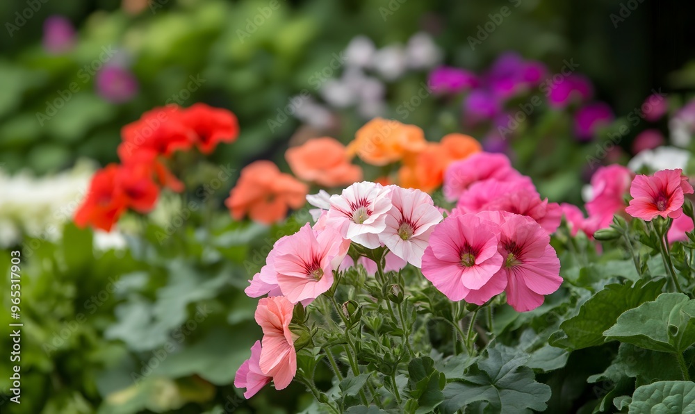 Colorful geraniums and pelargoniums in a lush garden filled with vibrant flowers Colorful geraniums and pelargoniums in a lush garden filled with vibrant flowers