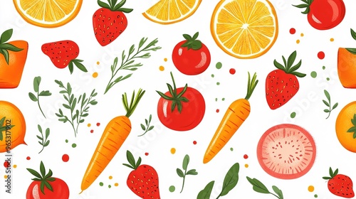Seamless pattern of bright fruits and veggies like oranges, carrots, and strawberries.