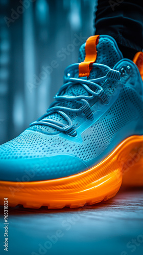 Vibrant Orange Sole Athletic Sneaker with Sleek Design on Blue Background for Stylish Sportswear Enthusiasts photo