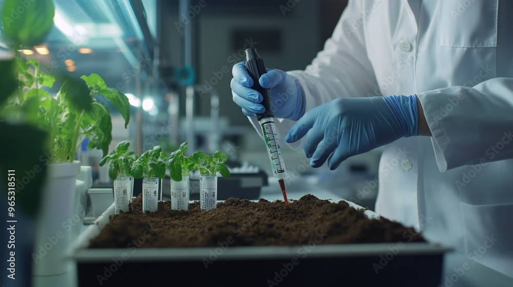 A laboratory technician prepares to test soil pH level, carefully ...