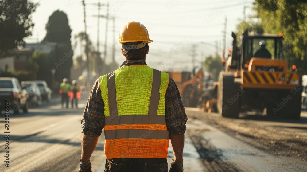 A road worker seen from behind, directing traffic around a road repair site, with heavy machinery and construction workers visible ahead, A road worker seen from behind, directing traffic around a road repair site, with heavy machinery and construction workers visible ahead,