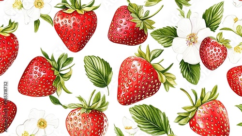 White background with a seamless hand-drawn strawberry and flower pattern.