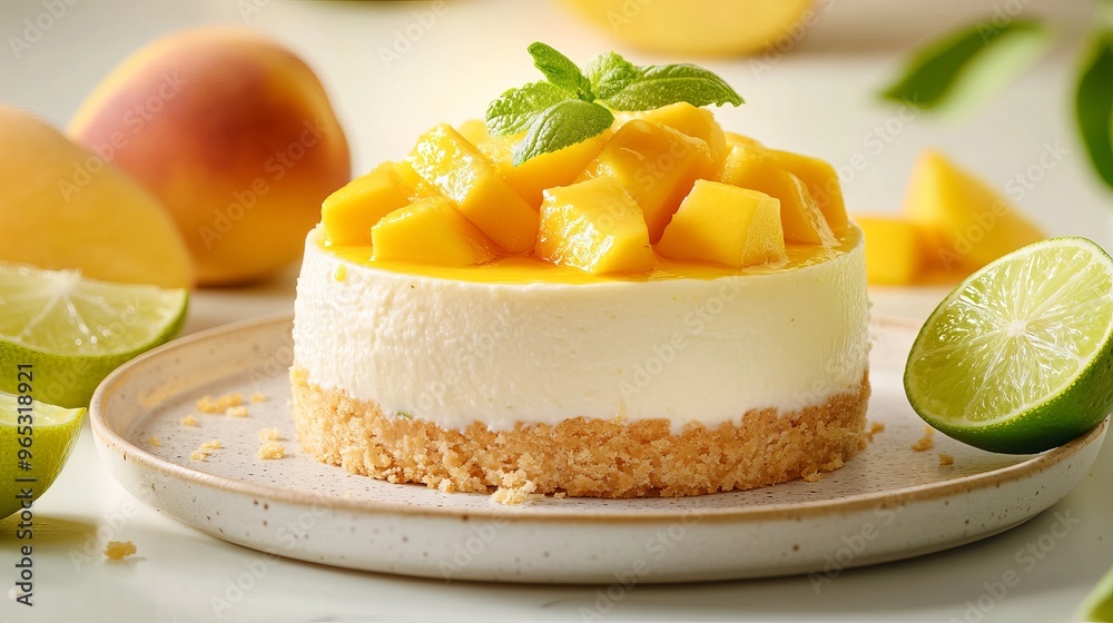 Creamy mango cheesecake with fresh fruit garnishes on a rustic table Creamy mango cheesecake with fresh fruit garnishes on a rustic table