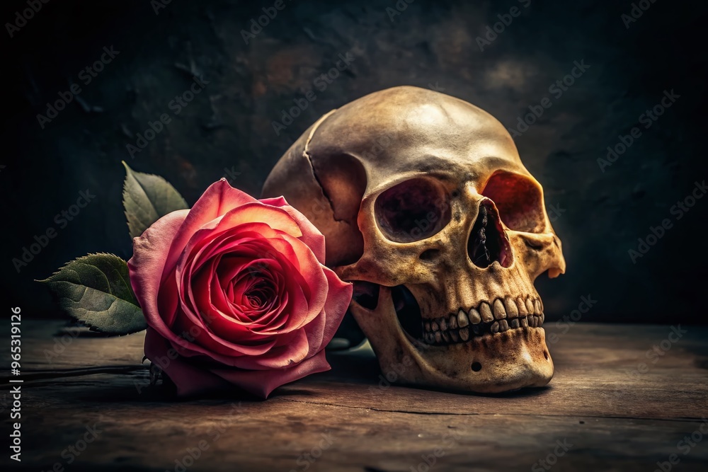 A dramatic still life featuring a delicate rose wrapped around a human skull, set against a dark, mysterious A dramatic still life featuring a delicate rose wrapped around a human skull, set against a dark, mysterious