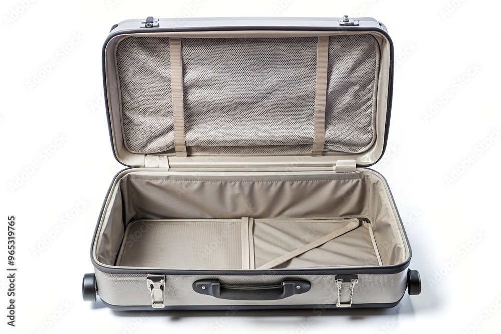 Opened empty suitcase isolated on white background from a bird s eye view, travel, bird's eye view, white background, minimalist, luggage, minimalism, simplicity, clean, minimalist style Opened empty suitcase isolated on white background from a bird s eye view, travel, bird's eye view, white background, minimalist, luggage, minimalism, simplicity, clean, minimalist style