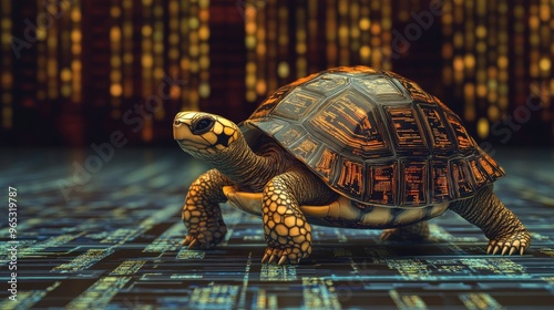 A turtle walking forward with a body formed from data columns, symbolizing the lag and sluggishness in certain data processing scenarios. photo