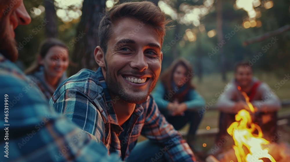 Obraz premium A group of positive young friends relaxes by a campfire, embracing the beauty of a crisp fall night.