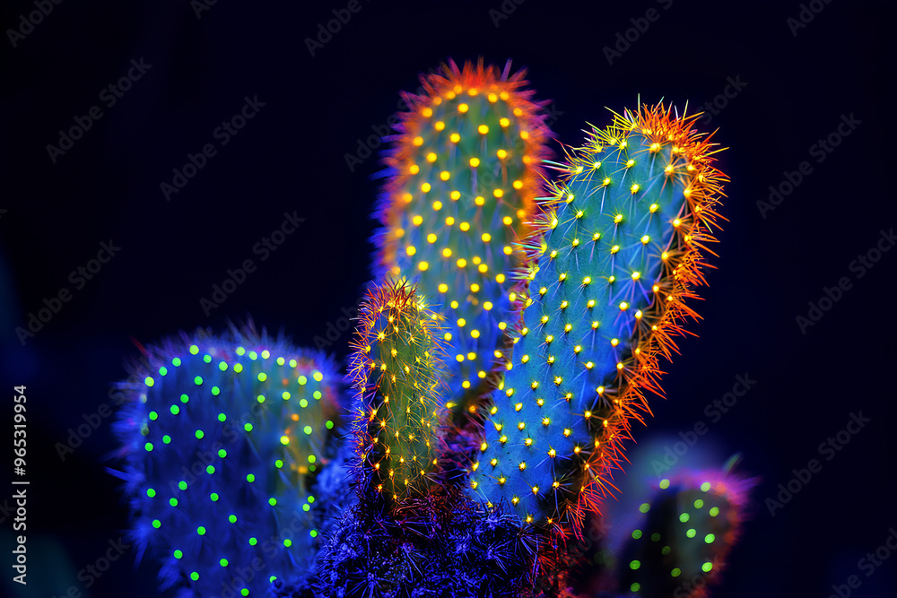 A vibrant, illuminated cactus with colorful lights against a dark background. A vibrant, illuminated cactus with colorful lights against a dark background.