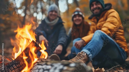 A group of young friends is happily gathered around a campfire, enjoying the crisp autumn air and each other's company.