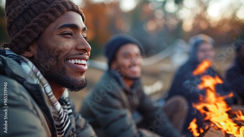 A group of positive young friends relaxes by a campfire, embracing the beauty of a crisp fall night.